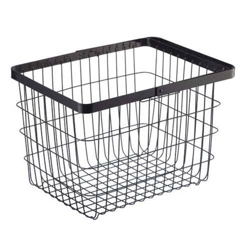 Medium sized, black Tower Laundry Basket is made from a sturdy wire design and shown with the collapsible handle down.