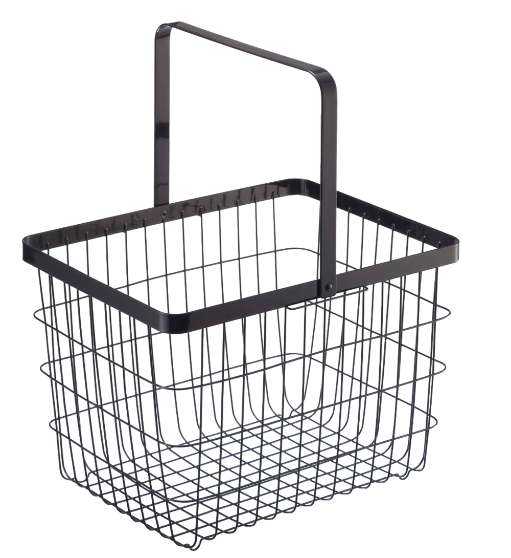 Medium sized, black Tower Laundry Basket is made from a sturdy wire design and shown with the collapsible handle up