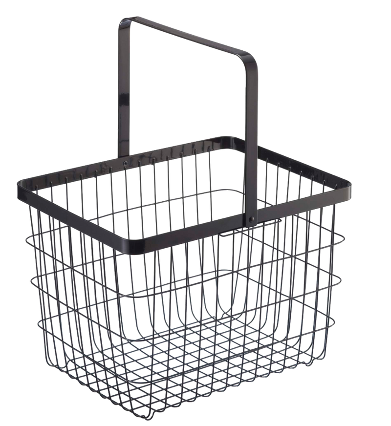 Medium sized, black Tower Laundry Basket is made from a sturdy wire design and shown with the collapsible handle up